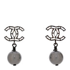 Ruthenium Pearl Crystal Baguette CC Drop Earrings Silver Grey