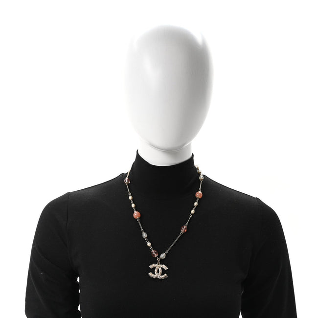 Beaded Pearl Crystal CC Long Necklace Gold Coral Main Image