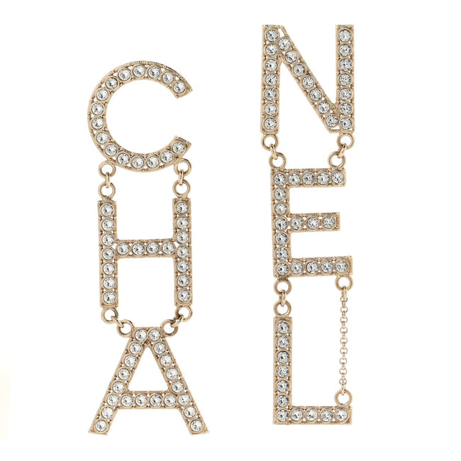 Crystal Cha-Nel Logo Drop Earrings Gold Hover Image