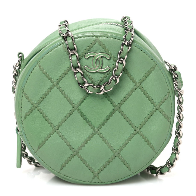 Lambskin Stitch Round Clutch With Chain Green Hover Image