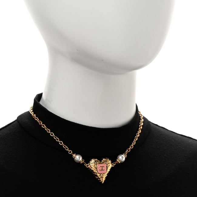 Resin Crystal Pearl Chain Heart CC Pendant Choker Necklace Pink White Gold Main Image