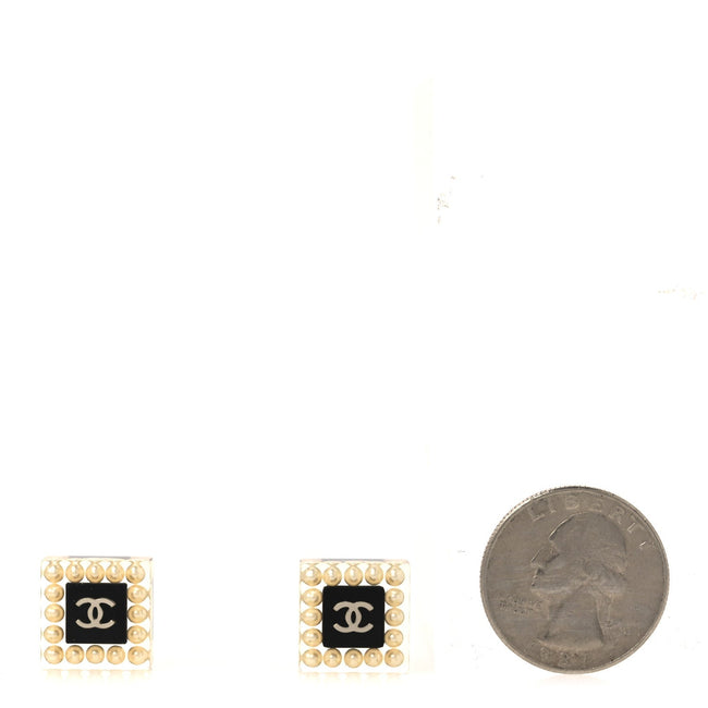 Pearl Resin Square CC Earrings Black Transparent Main Image