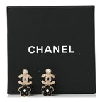 Crystal Pearl CC Flower Earrings Black Gold