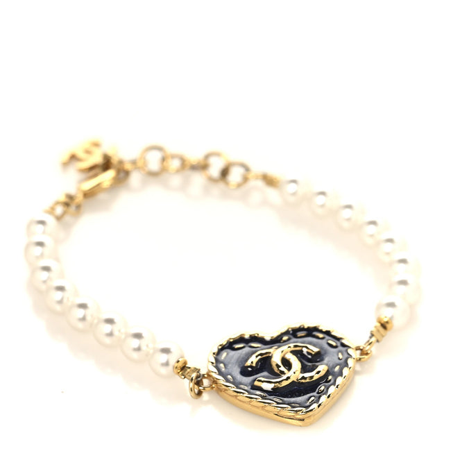 Metal Denim CC Heart Bracelet Gold Blue Pearly White Hover Image