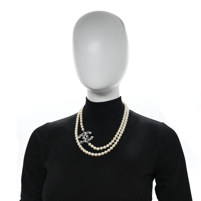 Pearl Bead Crystal CC Long Necklace White Silver Black Main Image