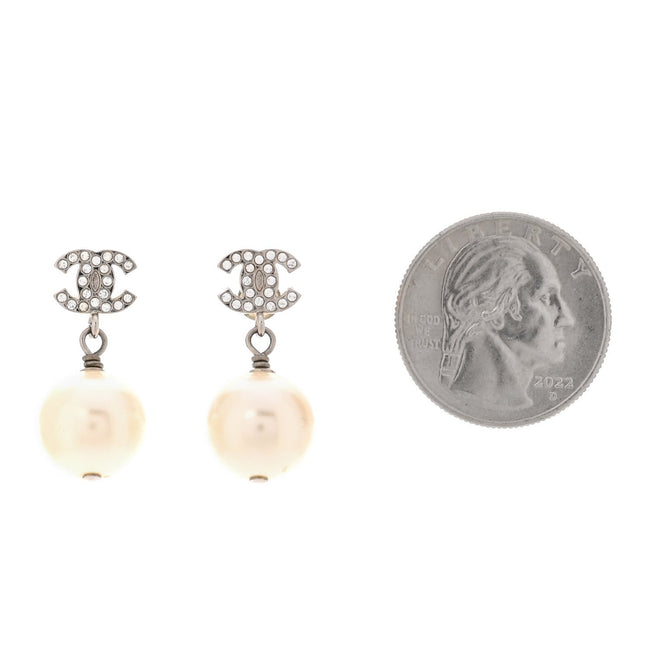 Crystal Pearl CC Drop Earrings Silver Pearly White Main Image