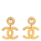 Metal Pearl CC Chain Drop Earrings Gold