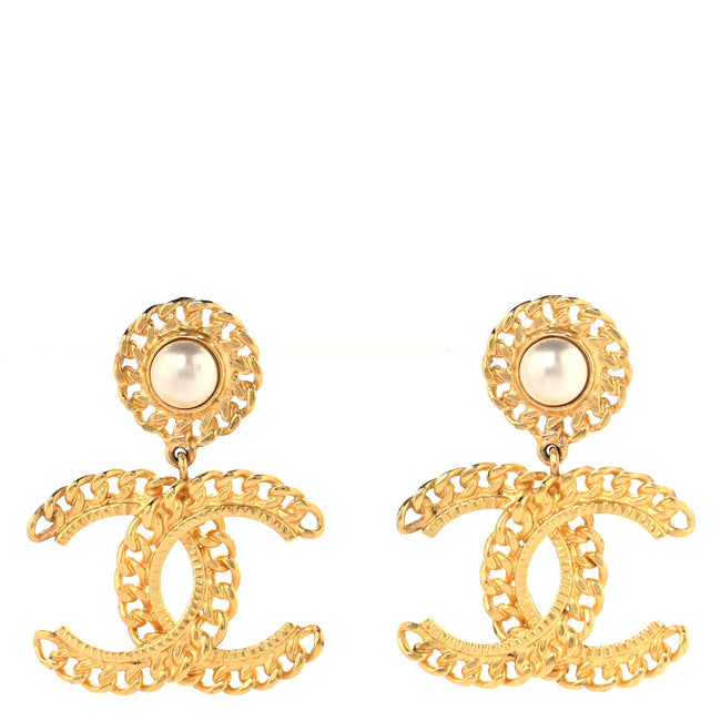 Metal Pearl CC Chain Drop Earrings Gold Hover Image