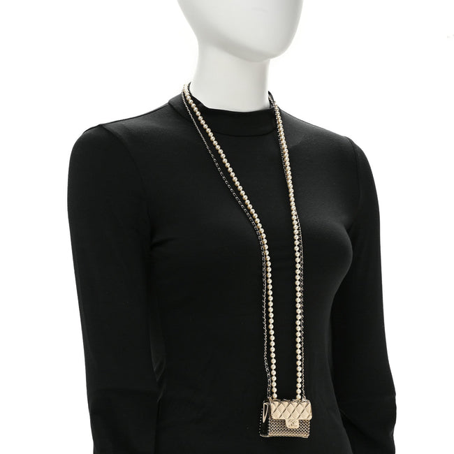 Metal Lambskin Pearl Chain Flap Bag Long Necklace Gold Black Pearly White Main Image