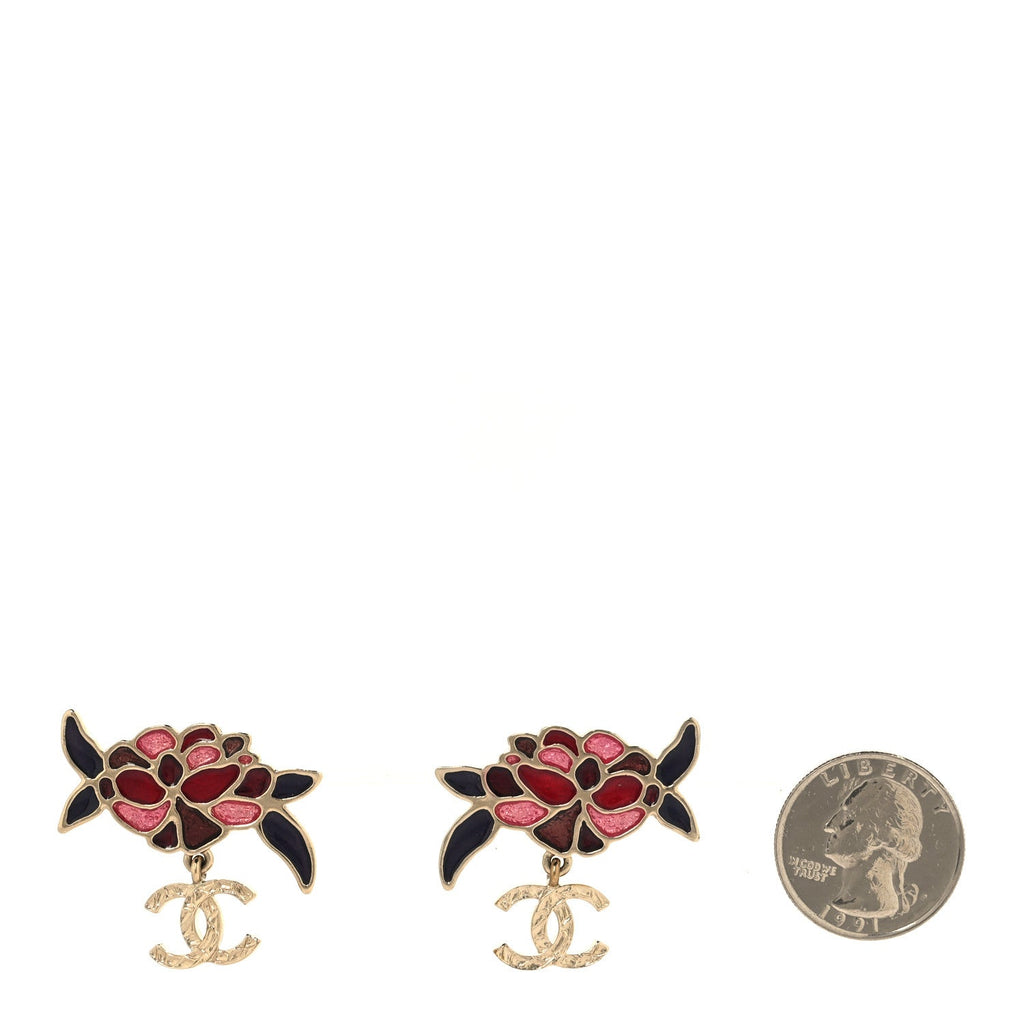 Metal Enamel CC Camellia Earrings Pink Gold Multicolor