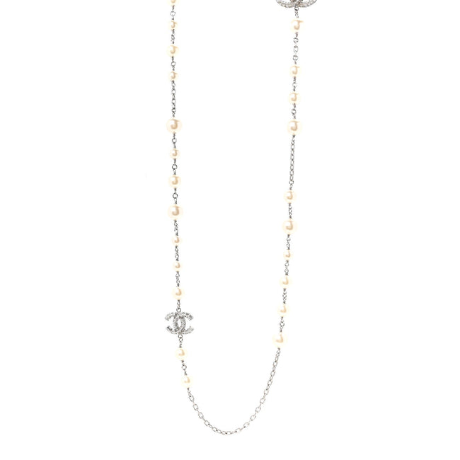 Graduated Pearl Crystal CC Long Necklace Silver Hover Image