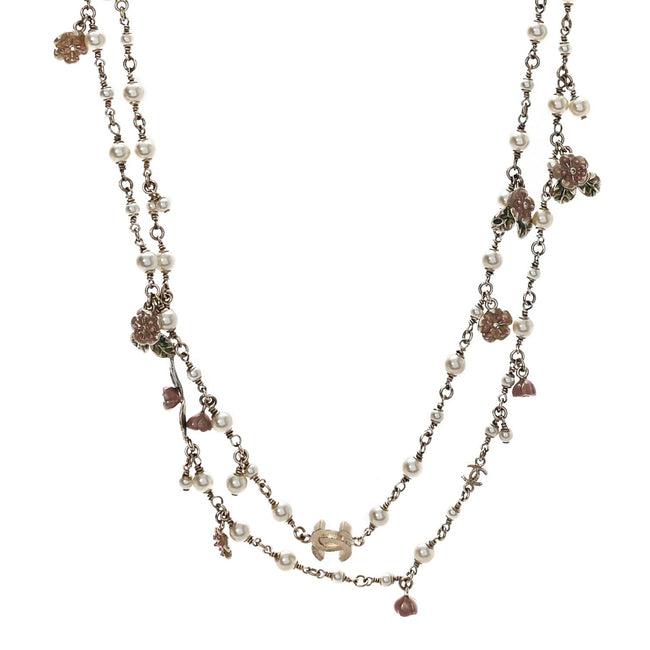 Pearl Enamel CC Camellia Long Necklace Gold Beige Pink Hover Image