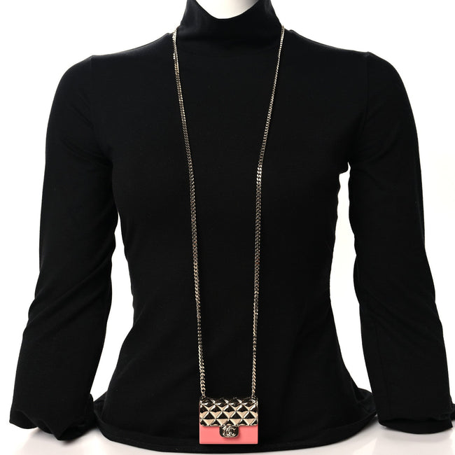 Metal Resin Lambskin Flap Bag Long Necklace Gold Pink Main Image