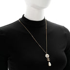 Metal Crystal Pearl 90s Camellia CC Drop Necklace Gold Pearly White