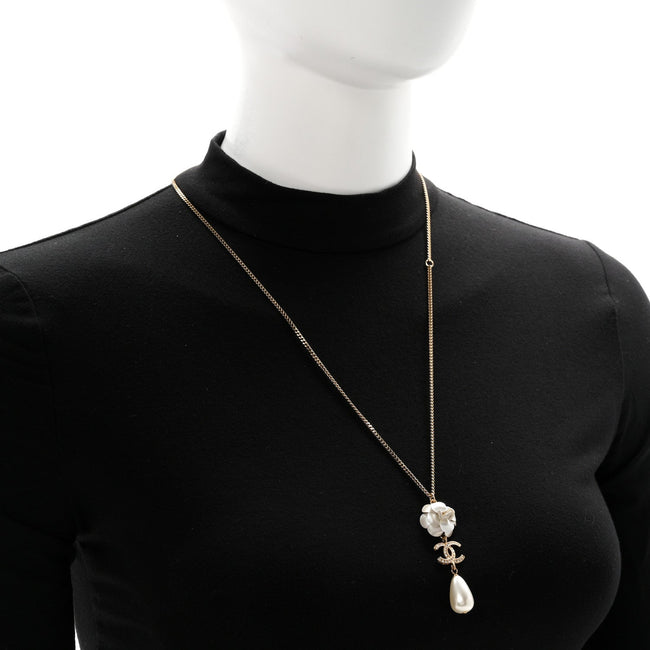 Metal Crystal Pearl 90s Camellia CC Drop Necklace Gold Pearly White Main Image