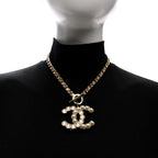 Pearl Crystal Lambskin Chain CC Dazzling Domino Necklace White Gold Pink