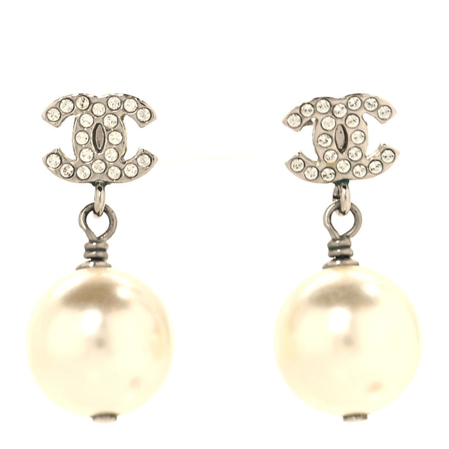 Crystal Pearl CC Drop Earrings Silver Pearly White Hover Image