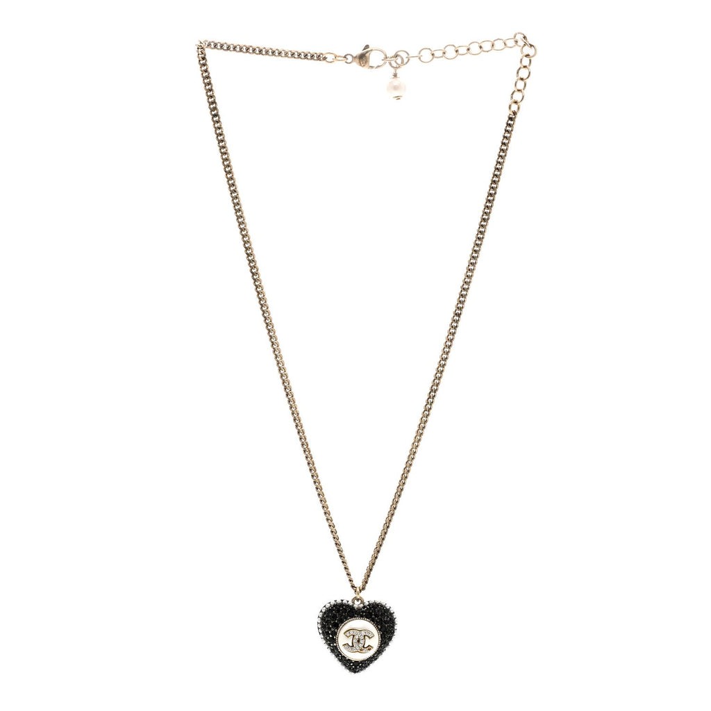 Pearl Crystal CC Heart Necklace Gold Pearly White Black