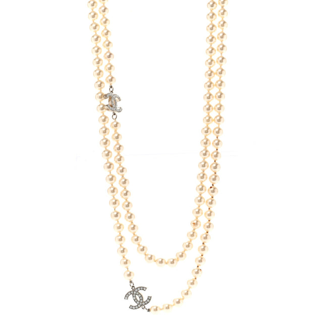 Graduated Pearl CC Long Necklace Silver Hover Image