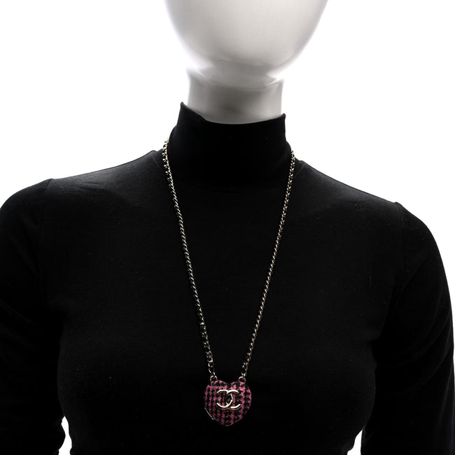 Lambskin Tweed CC Locket Pendant Necklace Black Pink Gold Main Image
