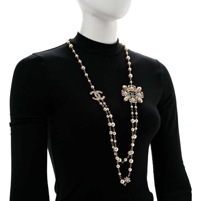 Pearl Crystal CC Long Necklace Gold Main Image
