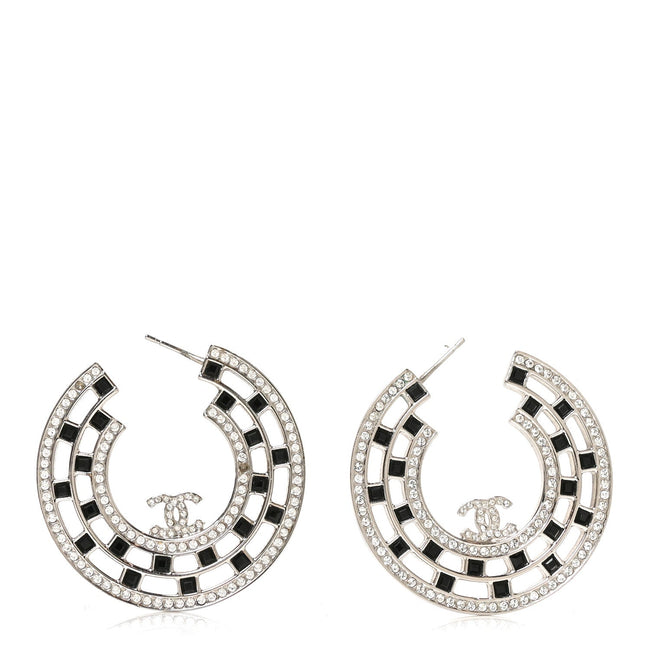Baguette Crystal CC Hoop Earrings Silver Black Hover Image