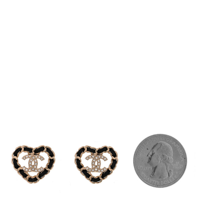 Crystal Lambskin Chain CC Heart Earrings Gold Black Main Image