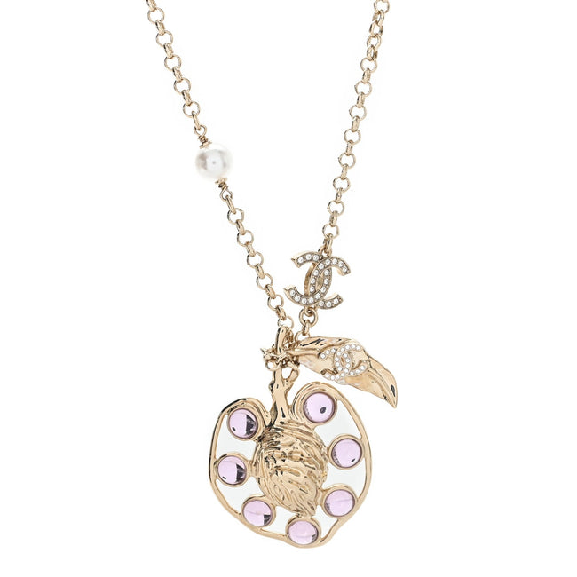 Resin Crystal Pearl CC Fruit Pendant Necklace Gold Pink Hover Image