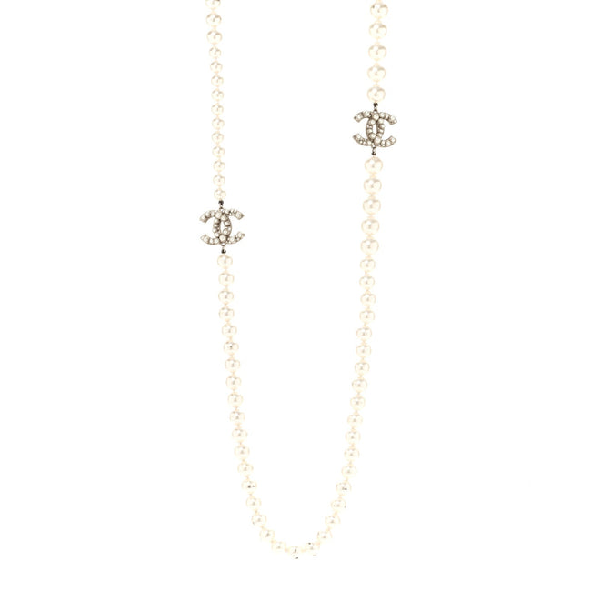 Crystal Pearl CC Long Necklace Gold Hover Image