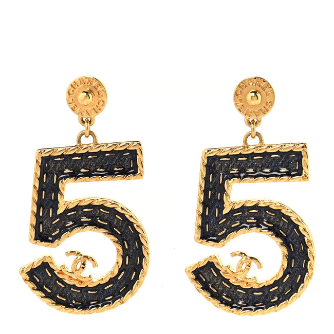 Metal Enamel CC No 5 Rope Drop Earrings Gold Denim Blue Hover Image