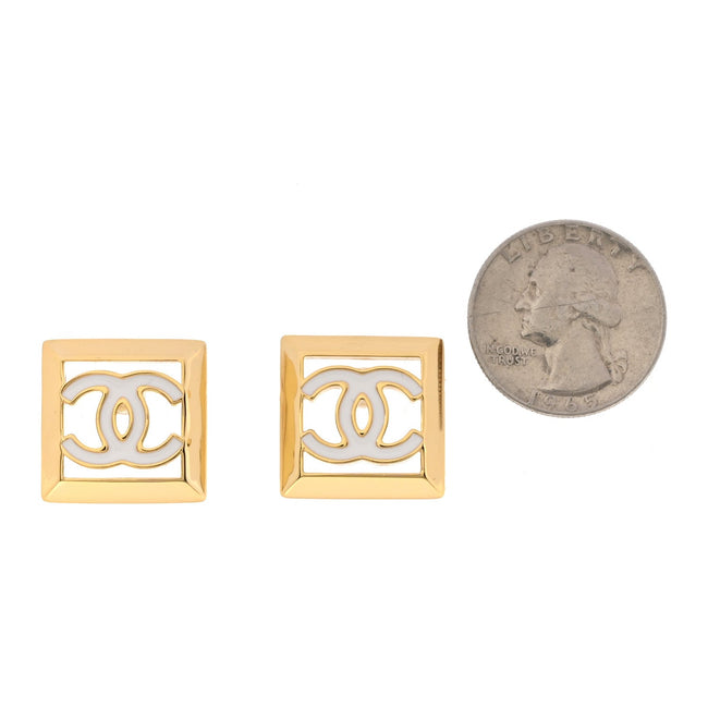 Metal Enamel CC Square Earrings Gold White Main Image