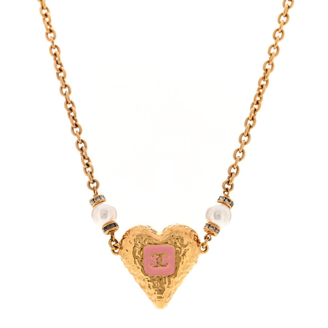 Resin Crystal Pearl Chain Heart CC Pendant Choker Necklace Pink White Gold Hover Image