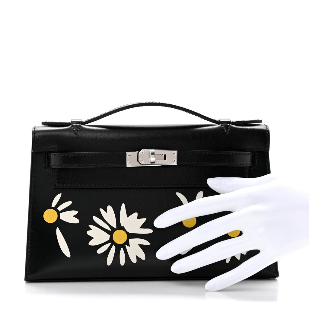 Box Marquetry Daisies Kelly Pochette Clutch Black White Jaune De Naples