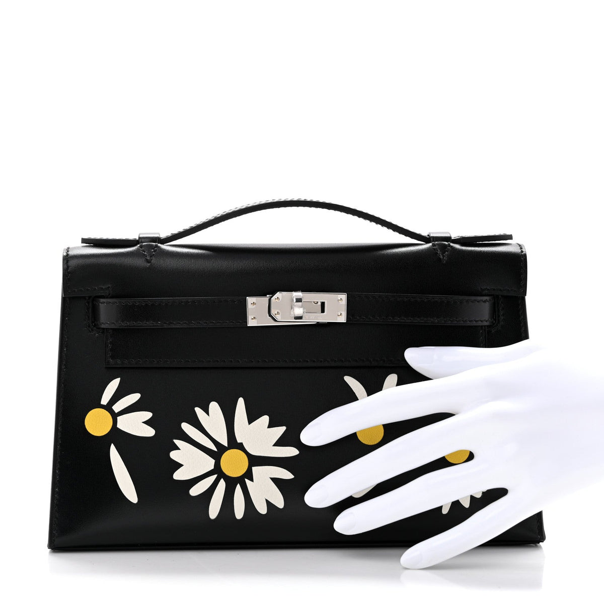 Box Marquetry Daisies Kelly Pochette Clutch Black White Jaune De Naples