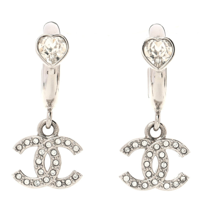 Crystal CC Heart Drop Hoop Earrings Silver Hover Image