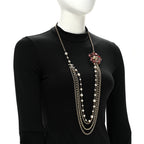 Resin Pearl Metal CC Camellia Multi Strand Long Necklace Gold Pink Multicolor