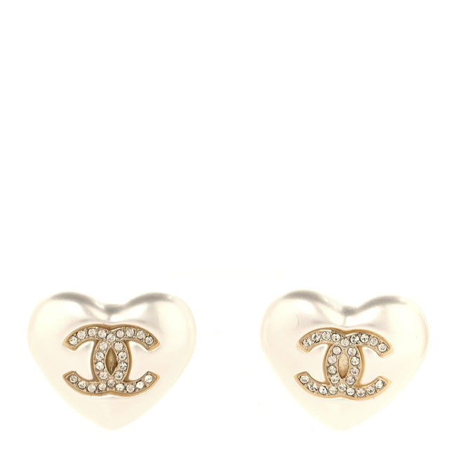 Pearl Crystal CC Heart Earrings Gold Hover Image