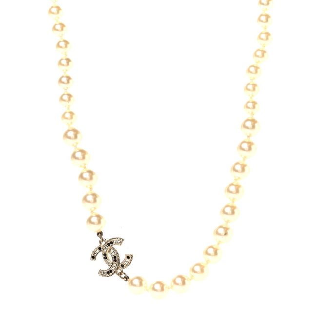Pearl Crystal CC Short Necklace Gold Black Hover Image