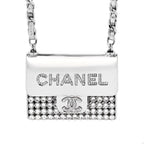 Metal Lambskin Strass Crystal Purse CC Long Necklace Silver
