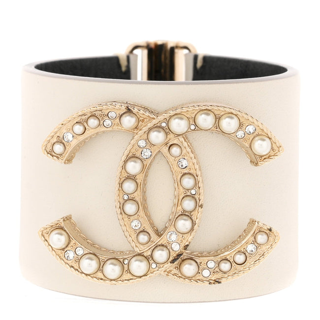Calfskin Crystal Pearls Coronation Cuff M White Hover Image