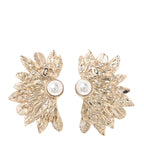 Metal Pearl Feather Clip On Earrings Gold
