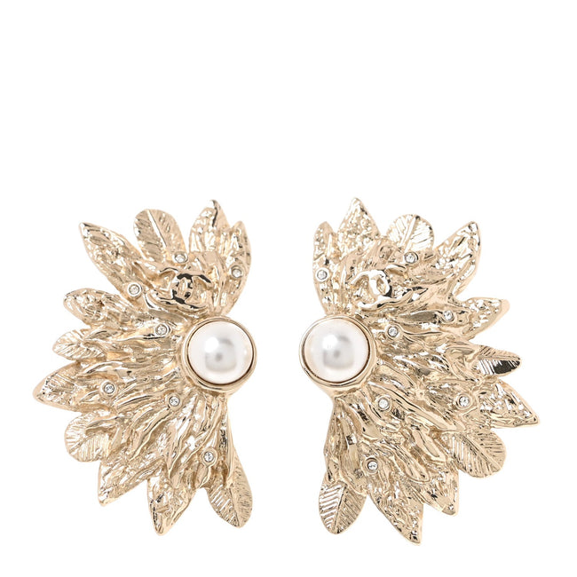 Metal Pearl Feather Clip On Earrings Gold Hover Image