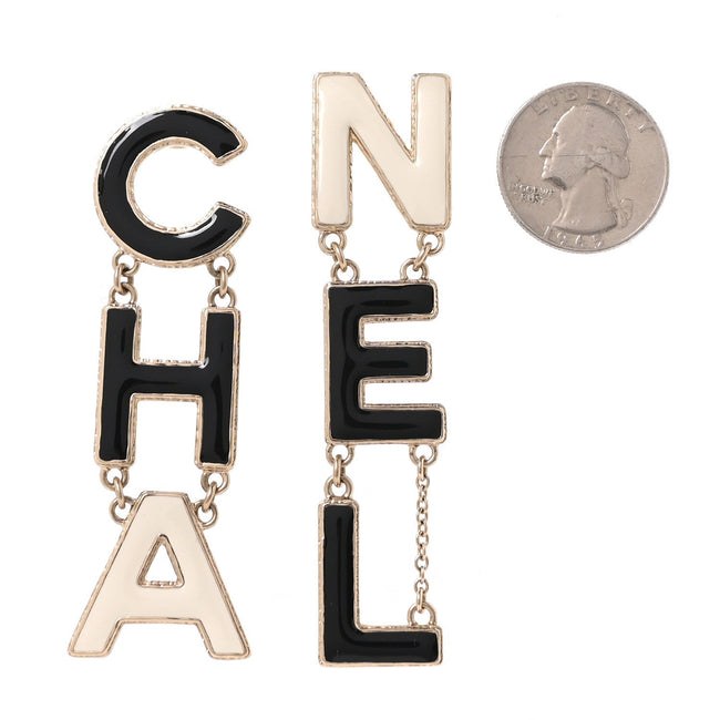 Metal Enamel Cha-Nel Logo Drop Earrings Black White Main Image