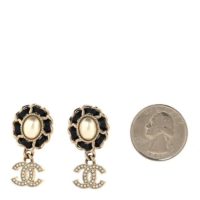 Pearl Lambskin Crystal CC Drop Earrings Gold White Black Main Image