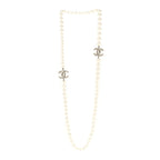 Crystal Pearl CC Long Necklace Gold