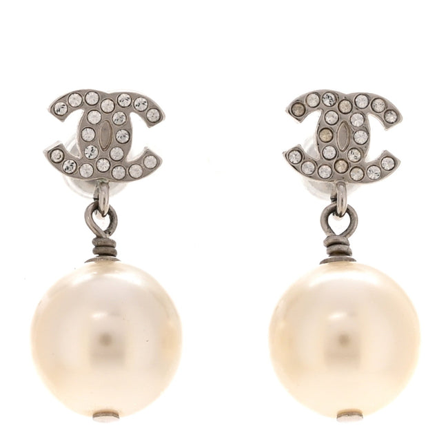 Crystal Pearl CC Drop Earrings Silver Pearly White Hover Image