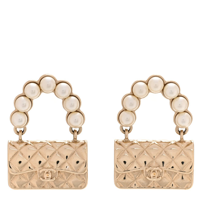 Pearl Quilted CC Flap Bag Earrings Gold Hover Image