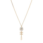 Metal Crystal Pearl 90s Camellia CC Drop Necklace Gold Pearly White
