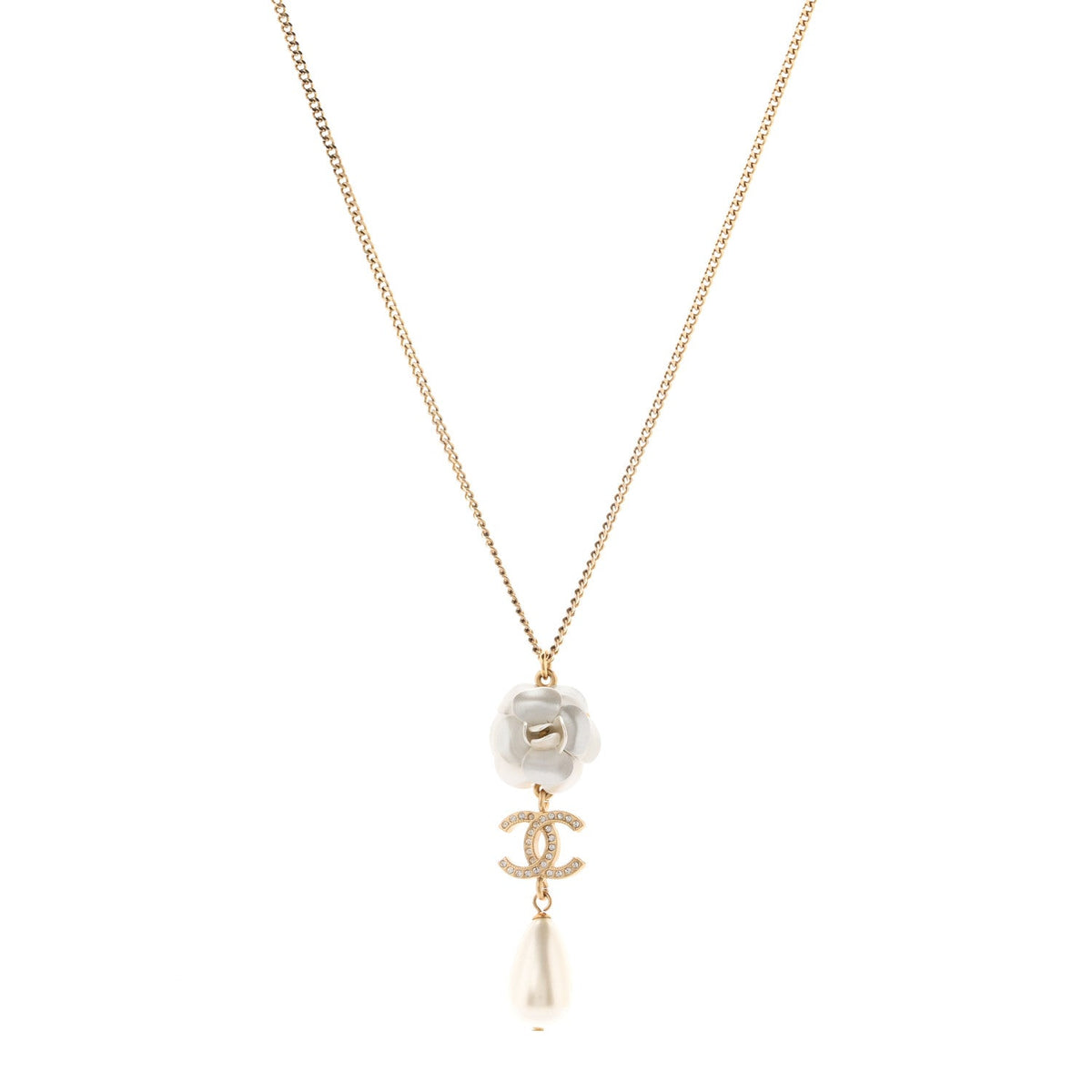 Metal Crystal Pearl 90s Camellia CC Drop Necklace Gold Pearly White