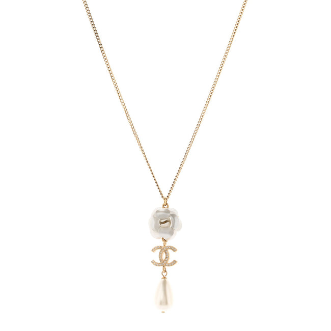 Metal Crystal Pearl 90s Camellia CC Drop Necklace Gold Pearly White Hover Image